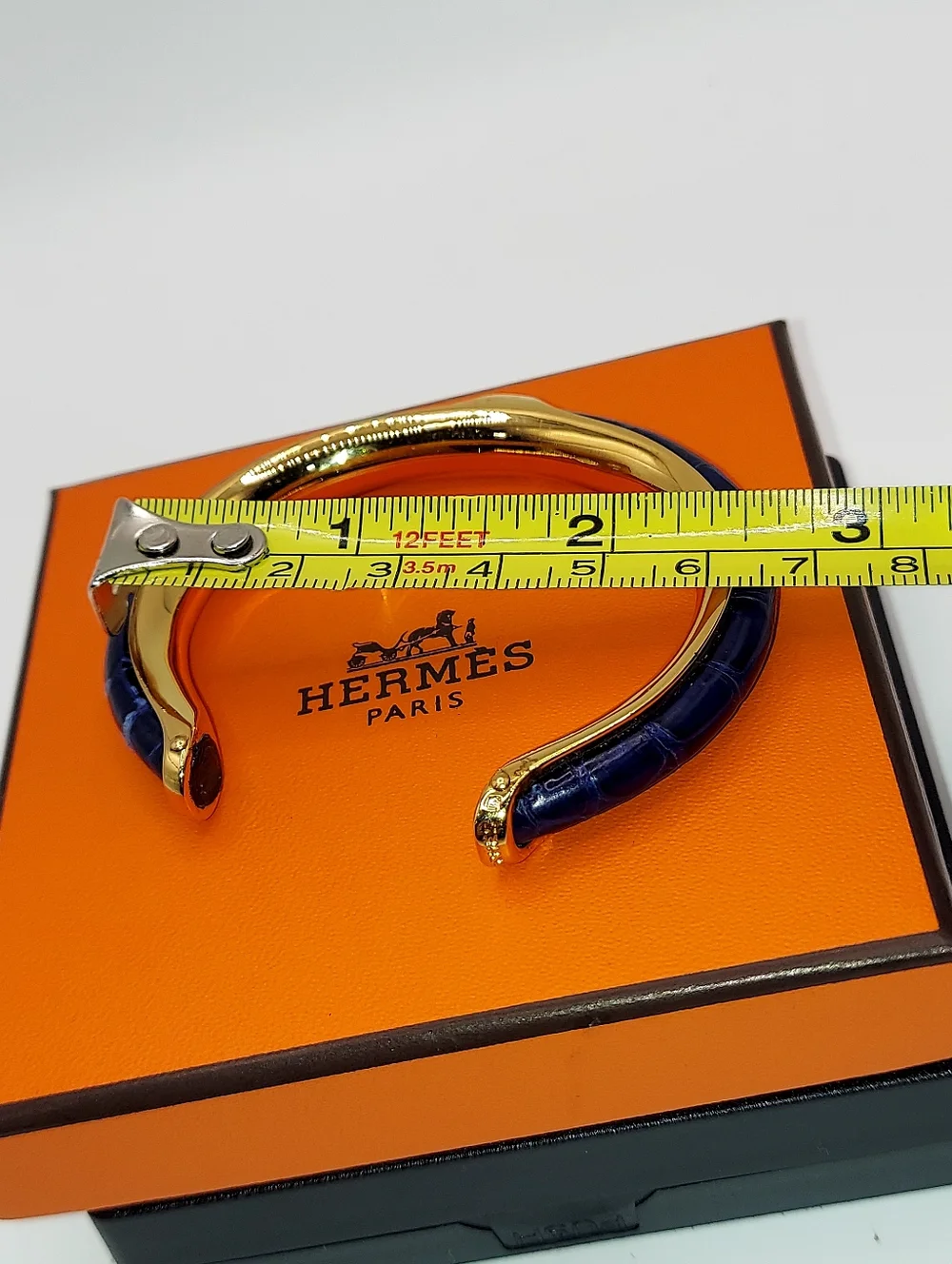 Vintage Unisex HERMES KYOTO Gold Tone  With Blue Leather Cuff Bangle Bracelet!